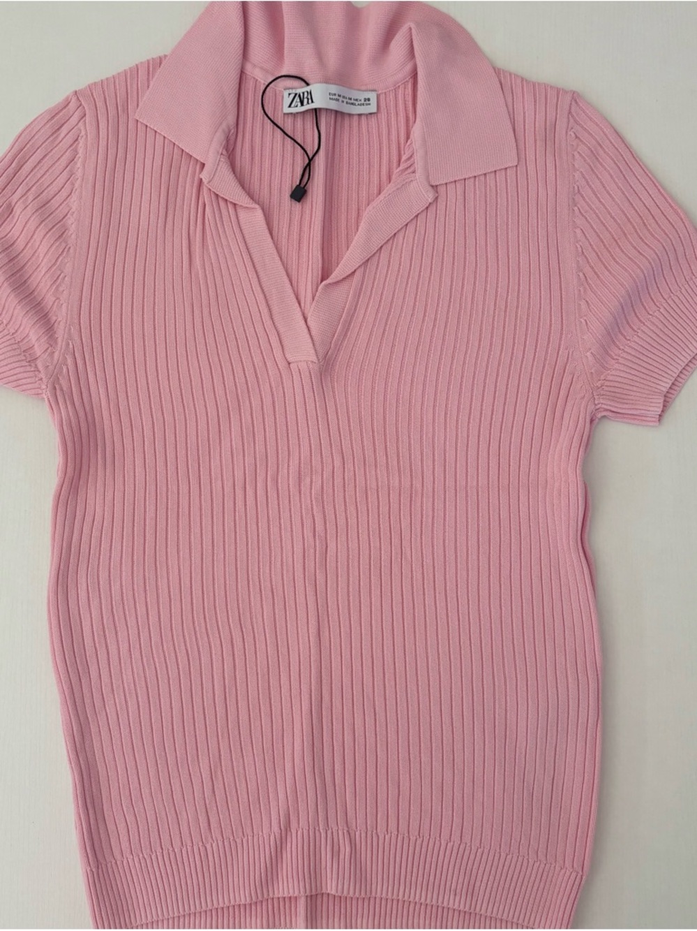 New Zara Light Pink Ribbed Short Sleeve Polo Tee
